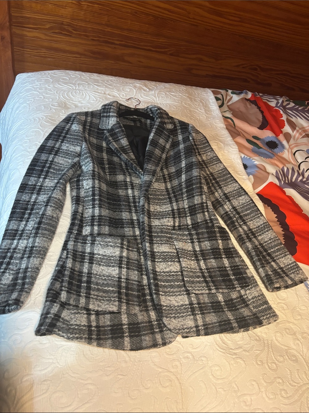 Womens Gray Plaid Wool-Blend Coat Jacket
